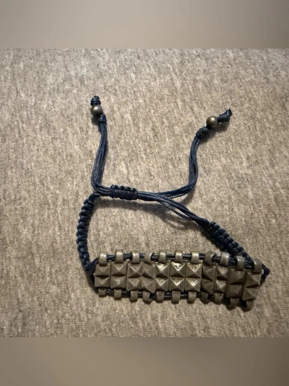 Adjustable Navy Cord and Gunmetal Pyramid Stud Bracelet